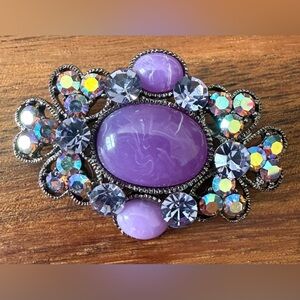 Vintage Marbled Acrylic Purple and Silver Tone AB Rhinestone Brooch Pin